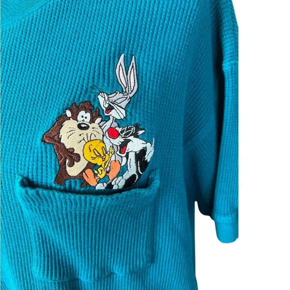 Vintage 90s looney tunes T-shirt teal waffle knit nostalgic cartoon casual - Picture 3 of 8